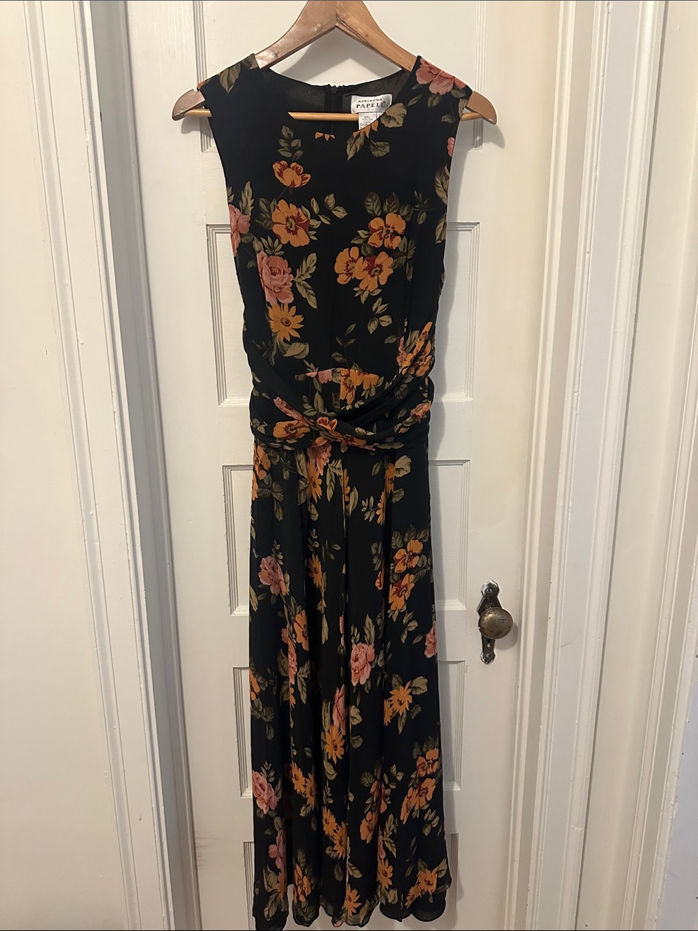 Adrianna Papéll 100% Silk Black Floral Twisted-Waist Dress